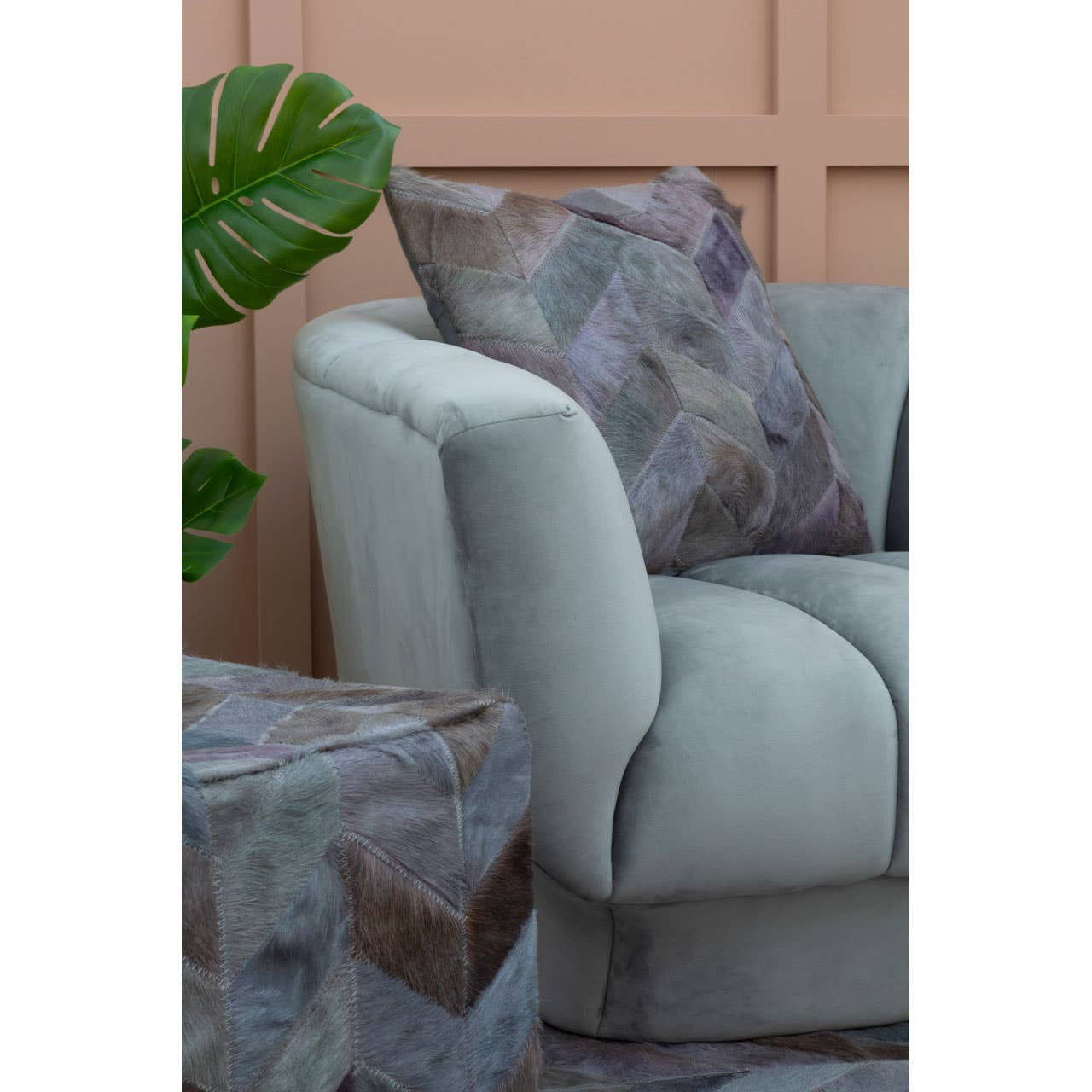 Bosie Safira Grey Chevron Hair on Leather Patchwork Cushion