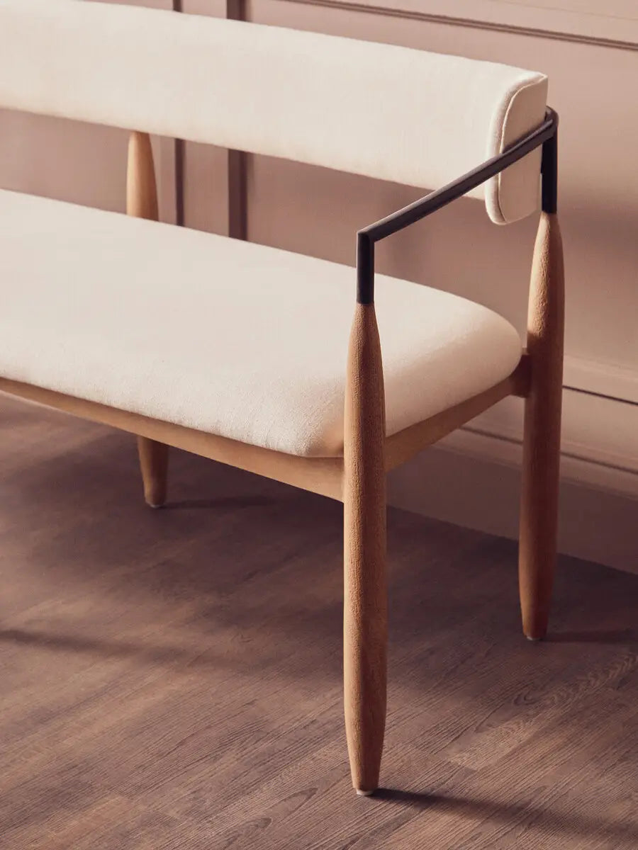 Persolo Cream Textured Fabric Bench with Wood Frame