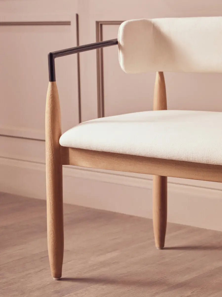 Persolo Cream Textured Fabric Bench with Wood Frame