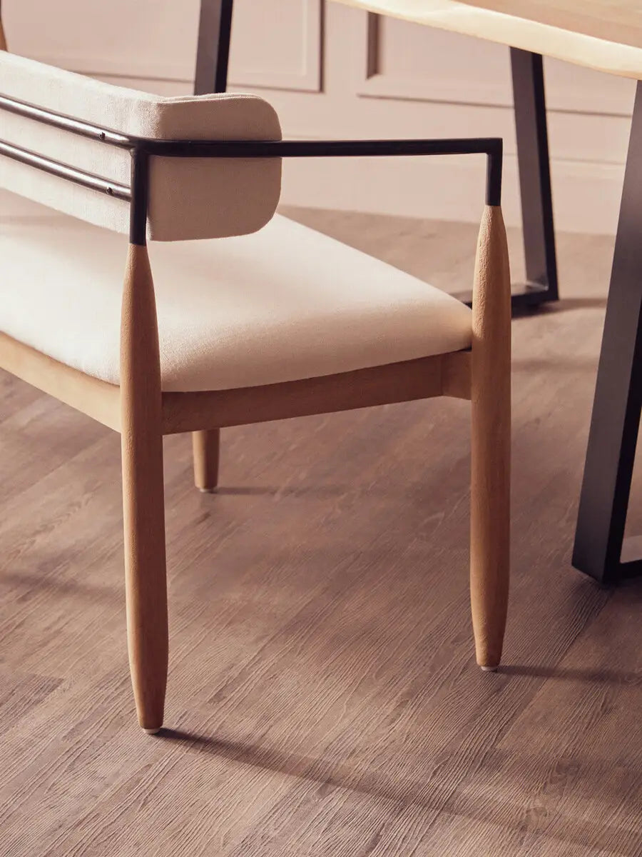 Persolo Cream Textured Fabric Bench with Wood Frame