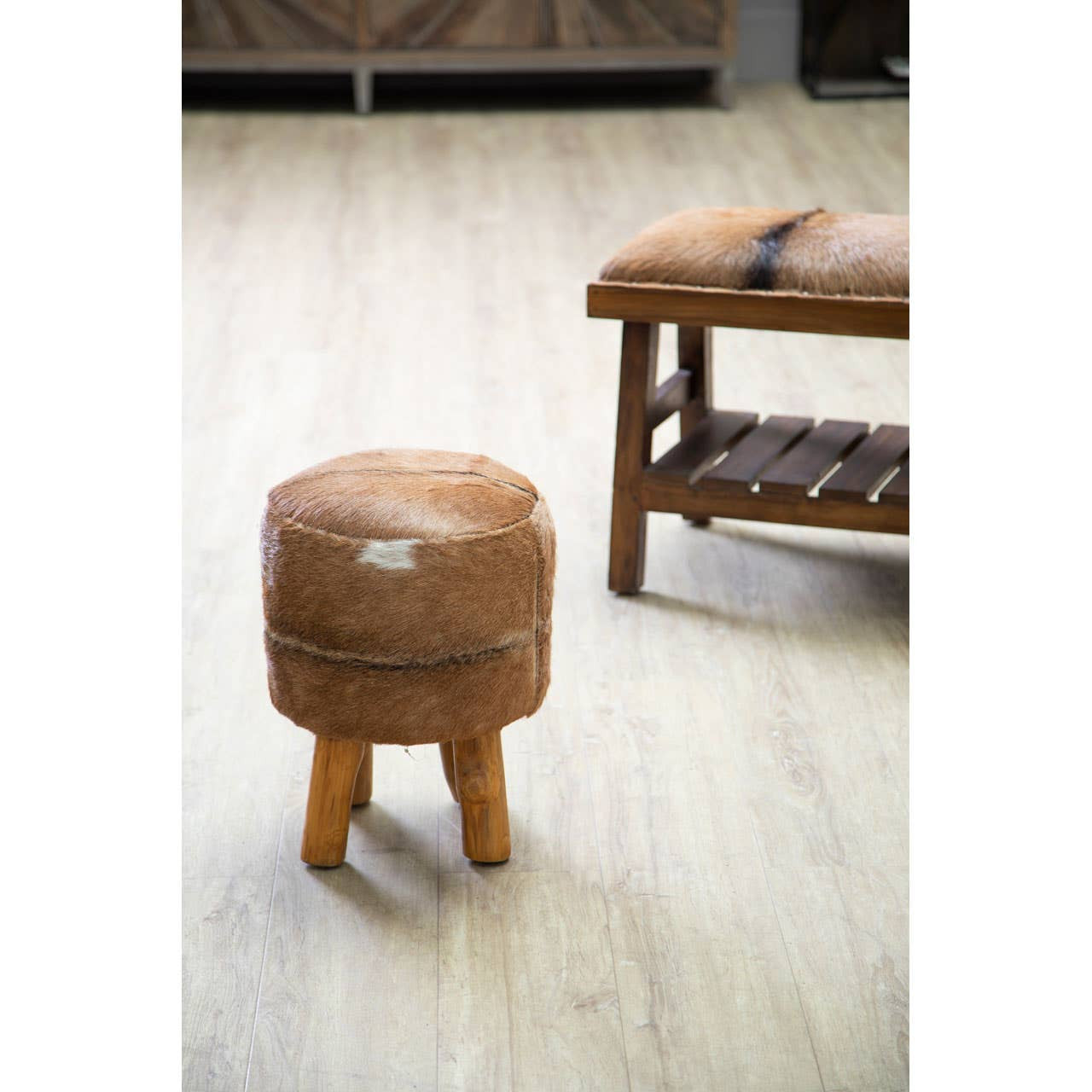 Inca Brown Goat Hide Hair on Leather Round Stool