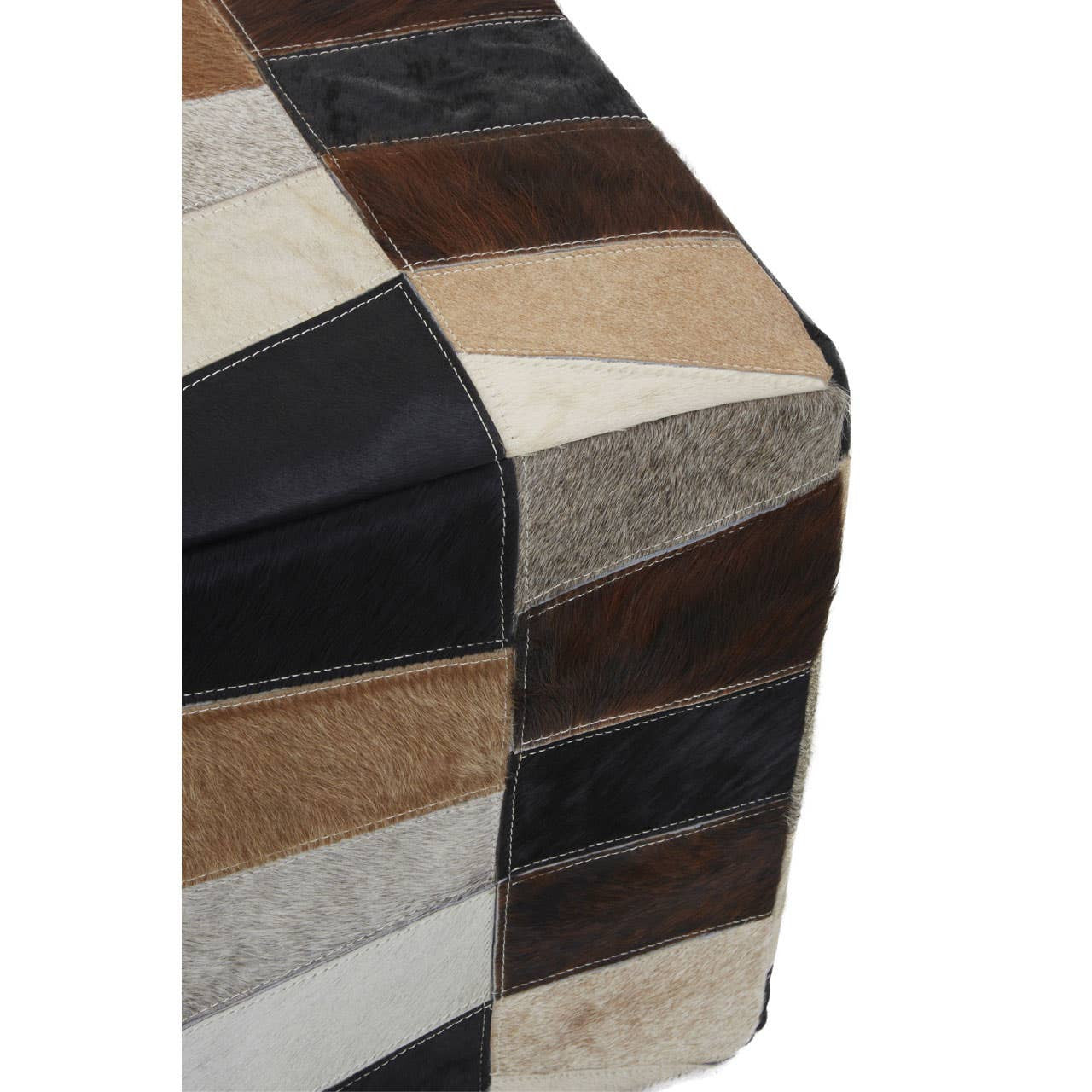 Safira Hair on Leather Pouffe in Geometric Patchwork Design