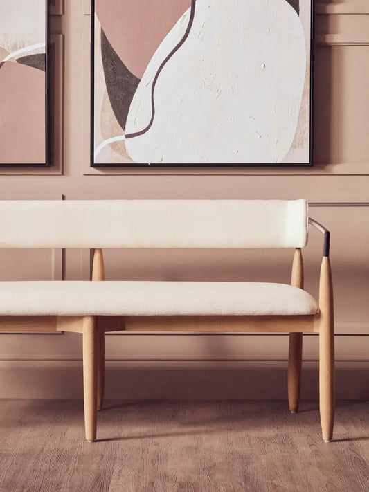 Persolo Cream Textured Fabric Bench with Wood Frame